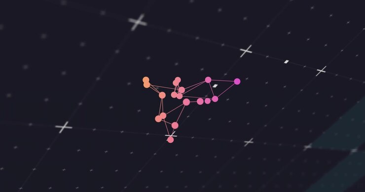 Colored dots materializing at center linking merging into network above teal plane amid cross grid
