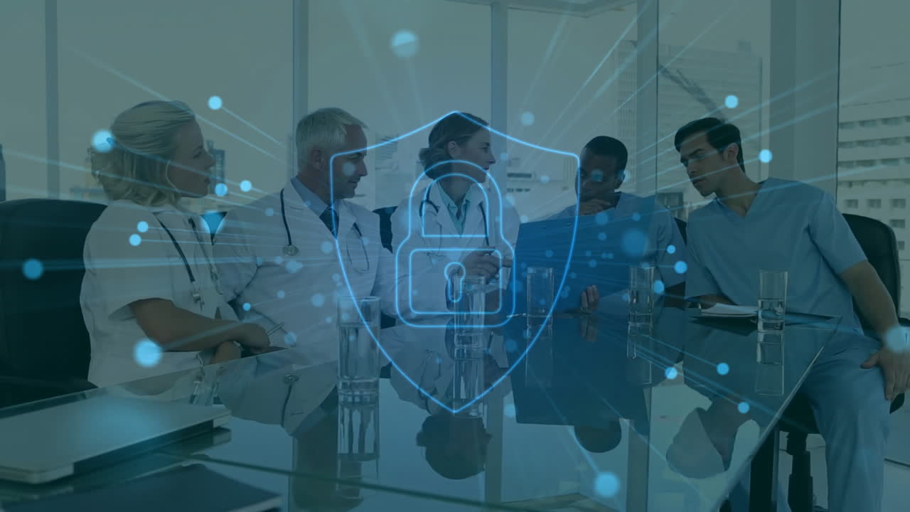 Animation of padlock icon over diverse doctors in meeting in hospital