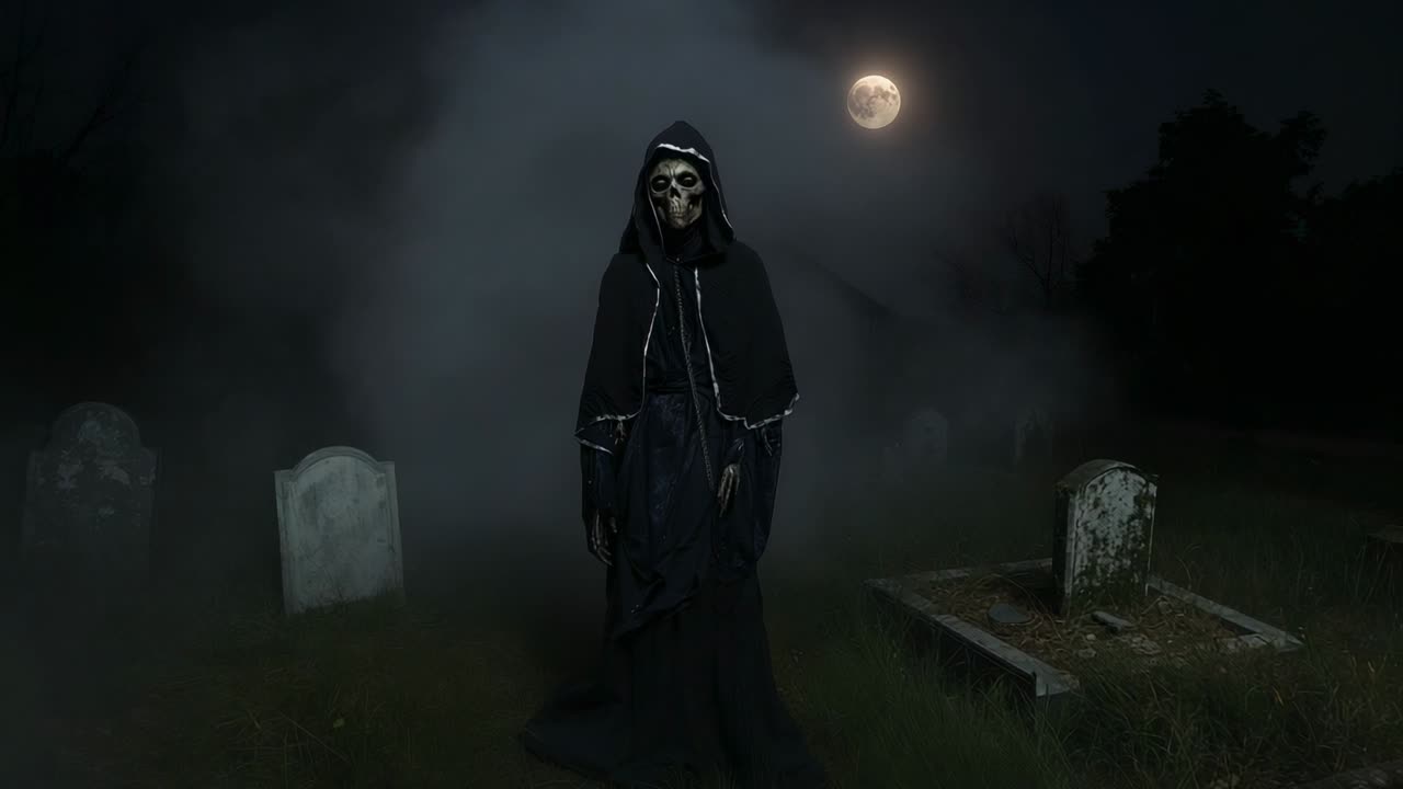 Moonlight hitting headstones driving robed skeleton stepping through misty graveyard seeking viewer