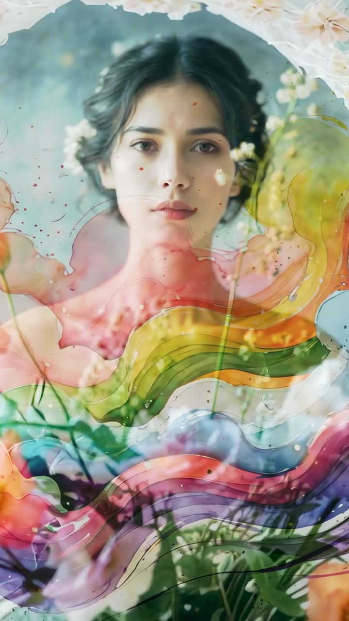 Video verticale: tratti arcobaleno emergenti che attraversano un bouquet in studio, illuminando i fiori