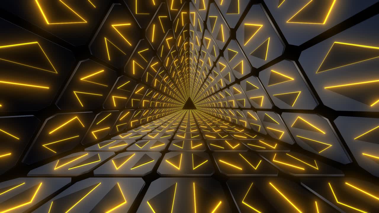 Abstract Futuristic Tunnel with Neon Glowing Geometric Patterns