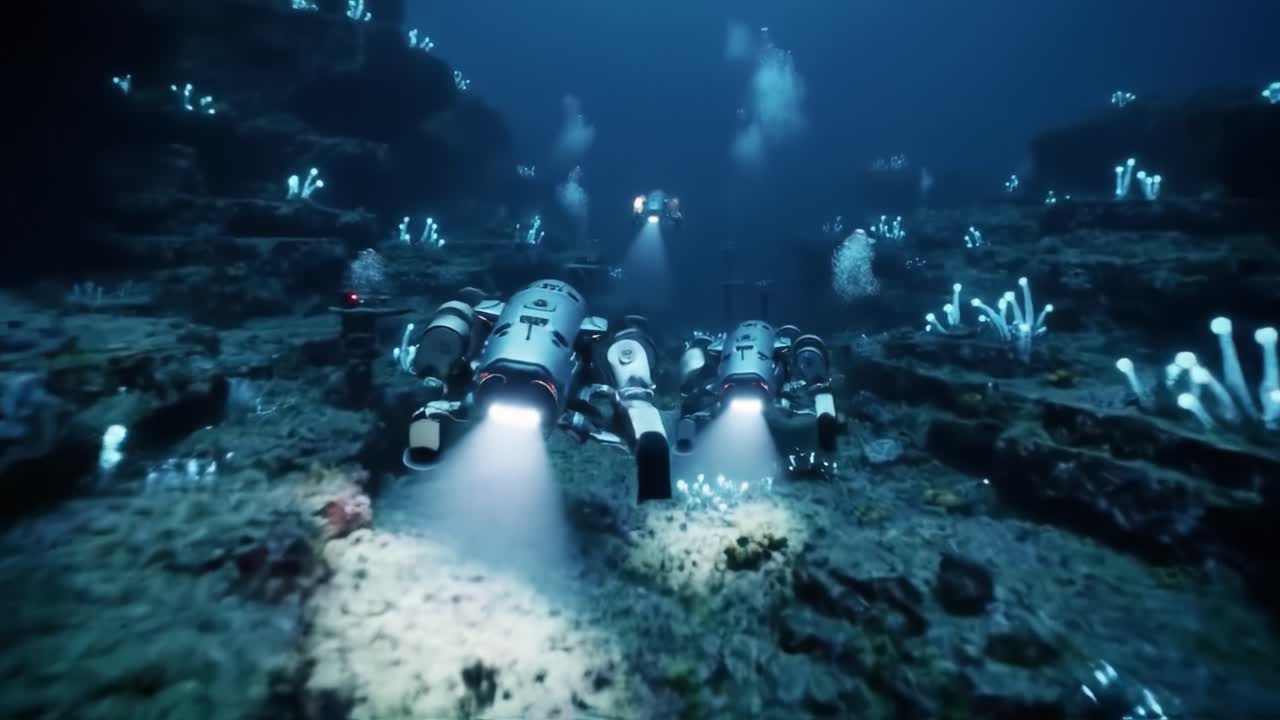 Advanced submersibles navigate through an illuminated underwater landscape filled with unique bioluminescent organisms. This deep-sea adventure showcases the wonders of ocean life.