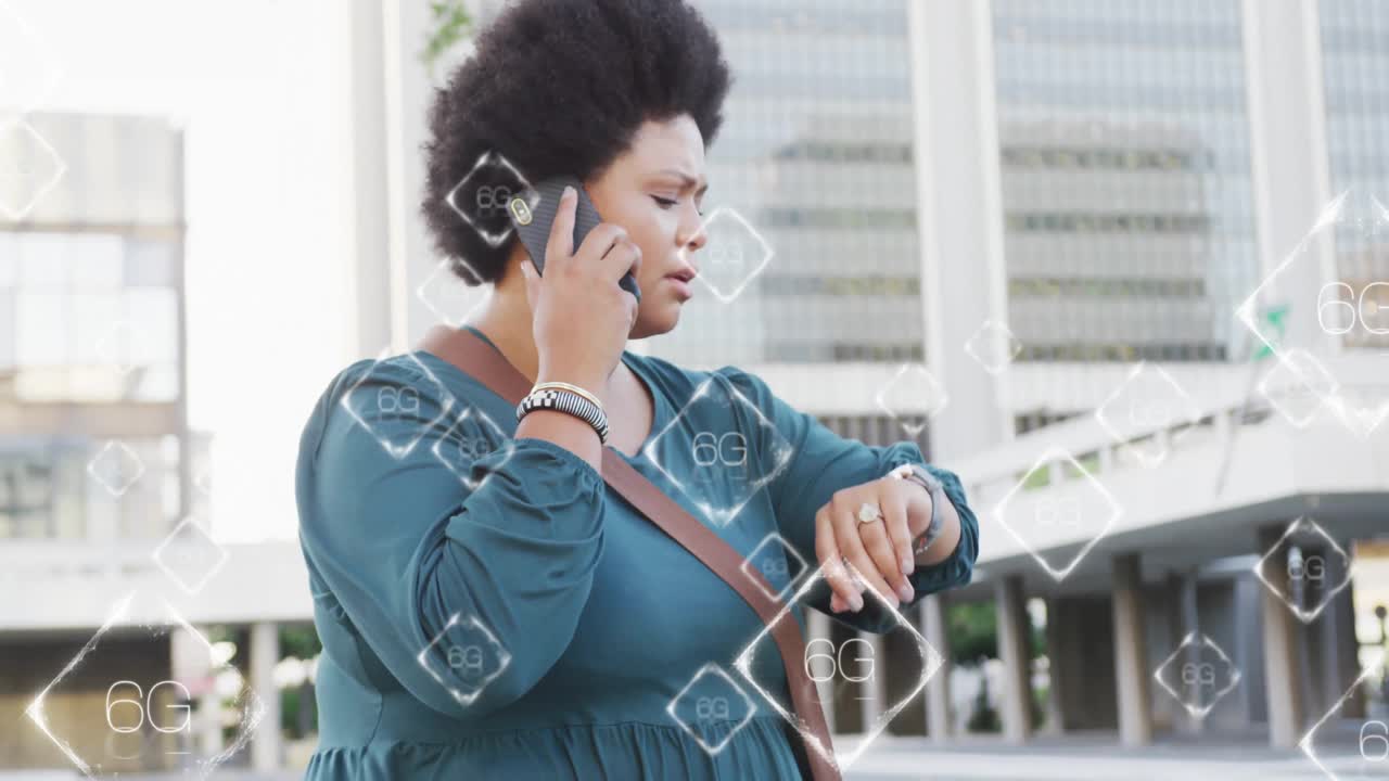 Animazione del testo 6G su una donna afroamericana che usa uno smartphone.