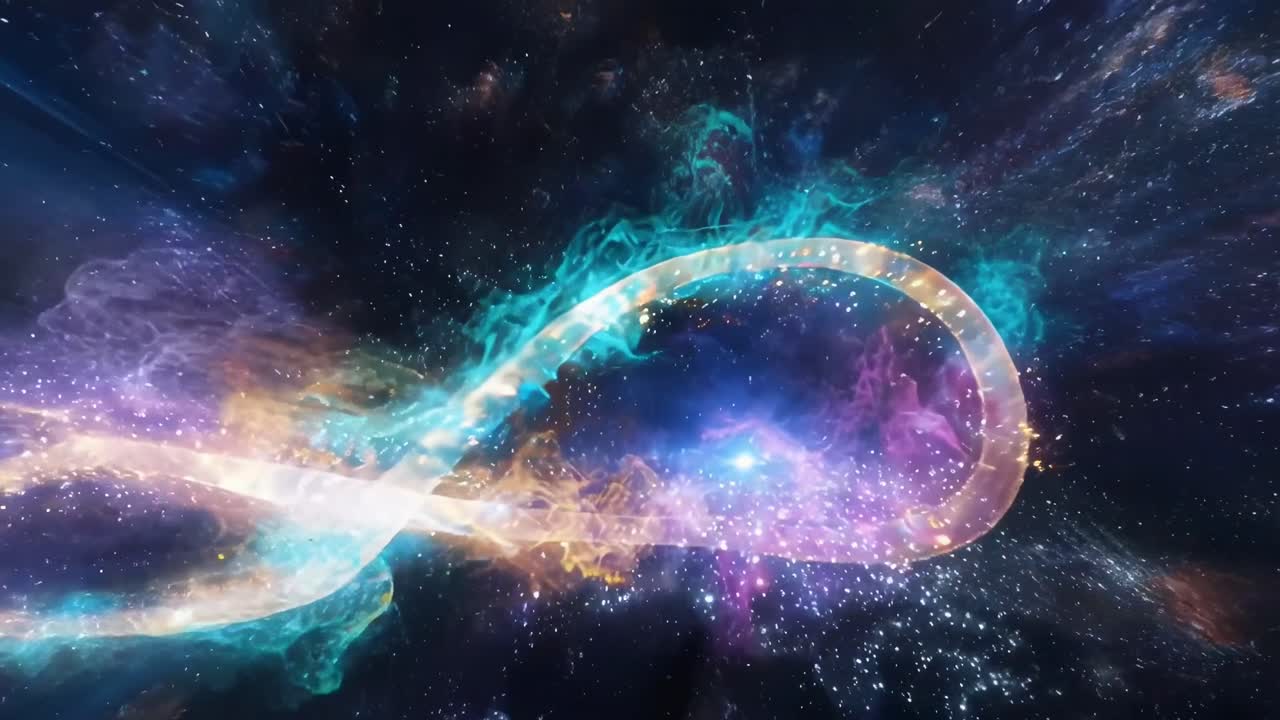 Loop infinito cosmico con colori vivaci, catturato da una vista grandangolare, ideale per video