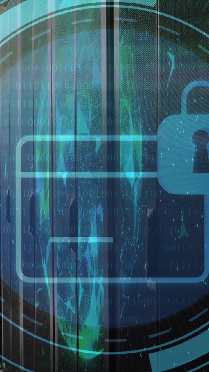 Animation of security padlock icon on round scanner and globe of plexus networks against server room