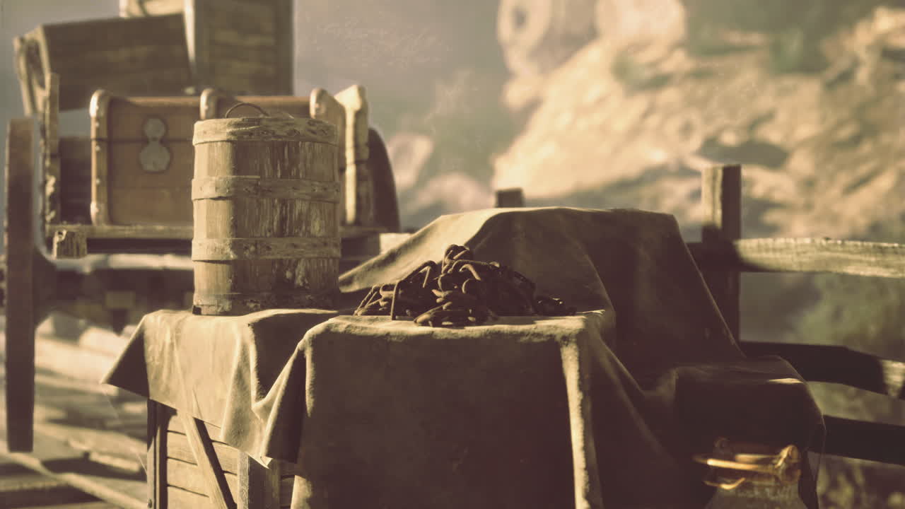 деревенская обстановка с деревянной тканью для тележки и старыми инструментами в естественном ландшафте