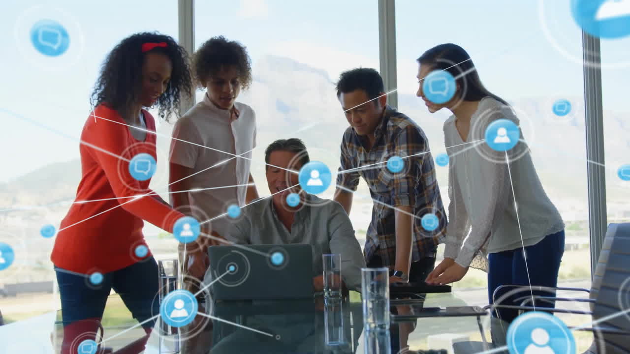 Animation of network of connections with icons over diverse business people in office