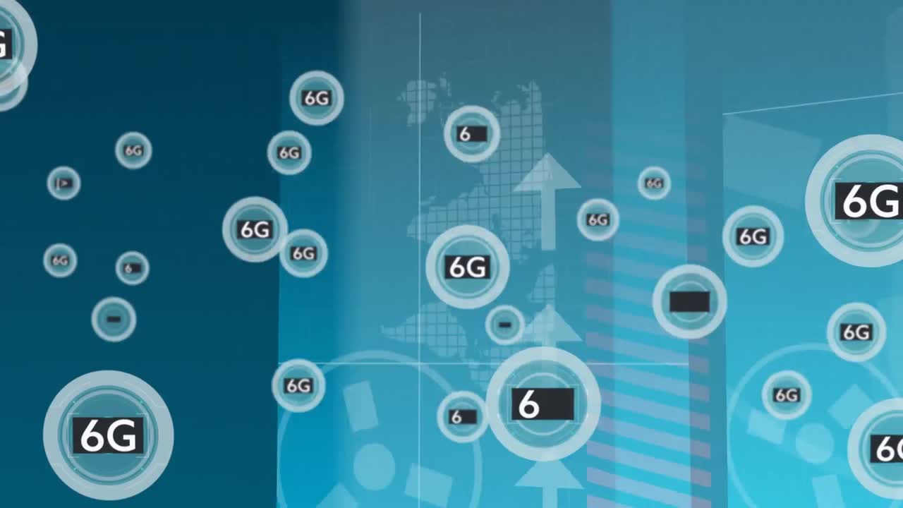 Animation of network of 6g text over arrows and data ptocessing
