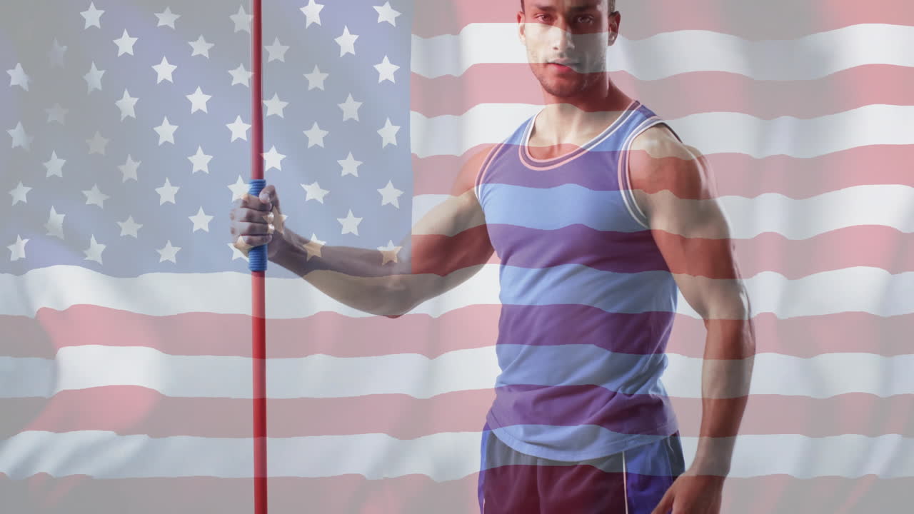 Animation of flag of usa over caucasian male javelin thrower