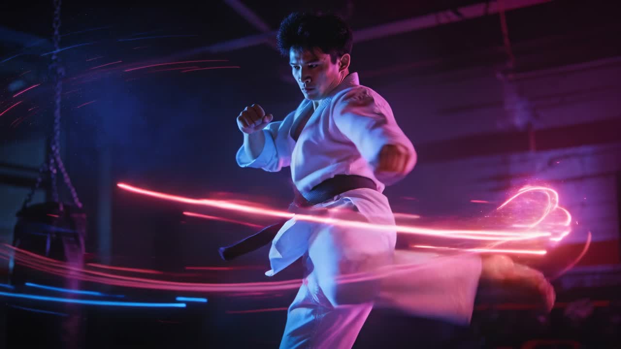 Uomo con karategi bianco, cintura nera, che esegue calci di allenamento in palestra, con un sacco appeso, mentre l'esercizio crea scie di luce al neon.