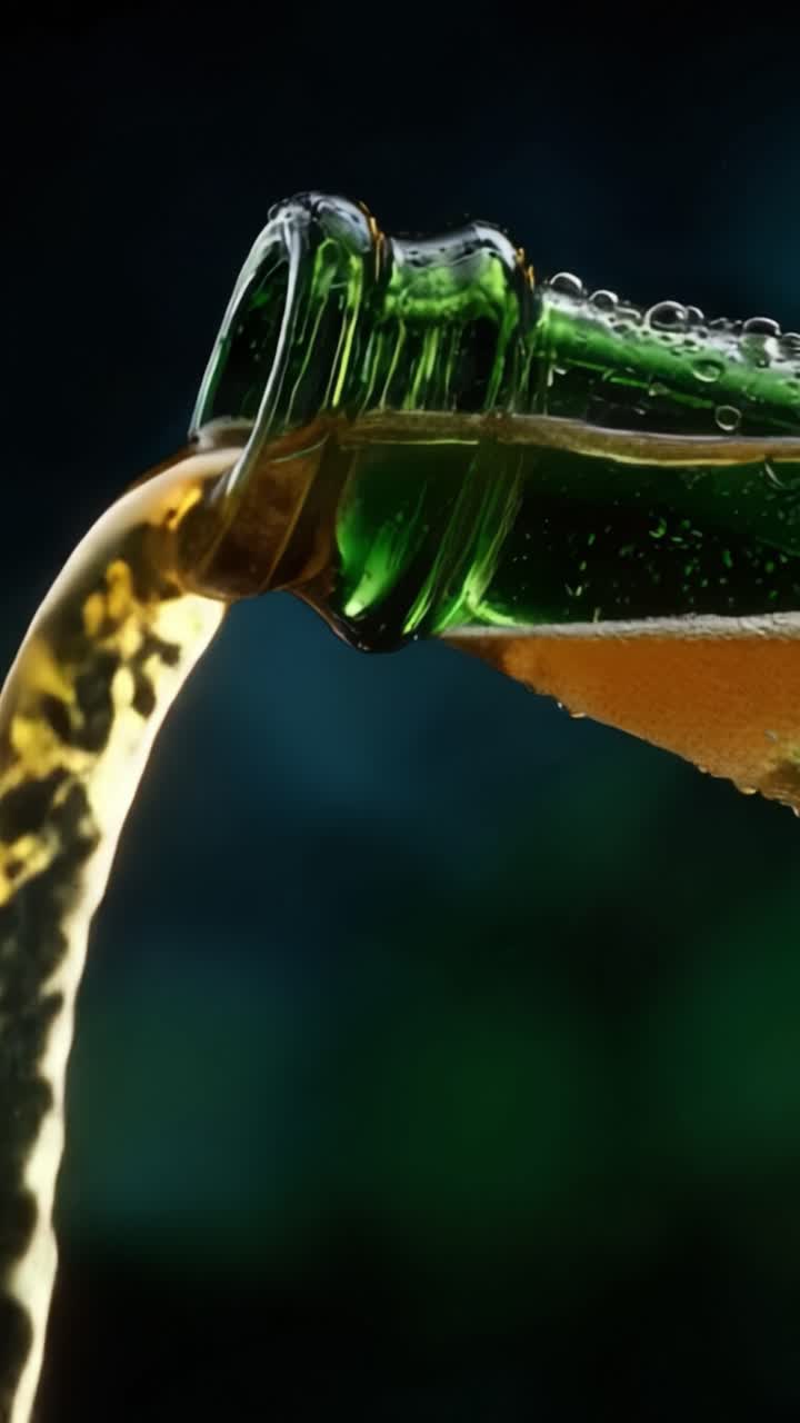 Un primo piano di liquido rinfrescante che si versa da una bottiglia verde, catturando il movimento effervescente e le goccioline in un'ambientazione con sfondo scuro.