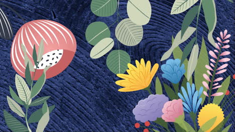 animation of green leaves and colourful flowers over moving lines