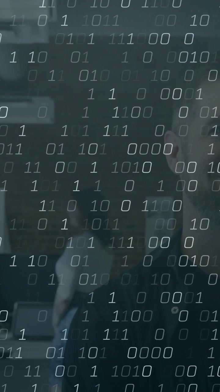 Vertical video: Woman stepping in sparking tech talk worker turning man entering binary overlaying
