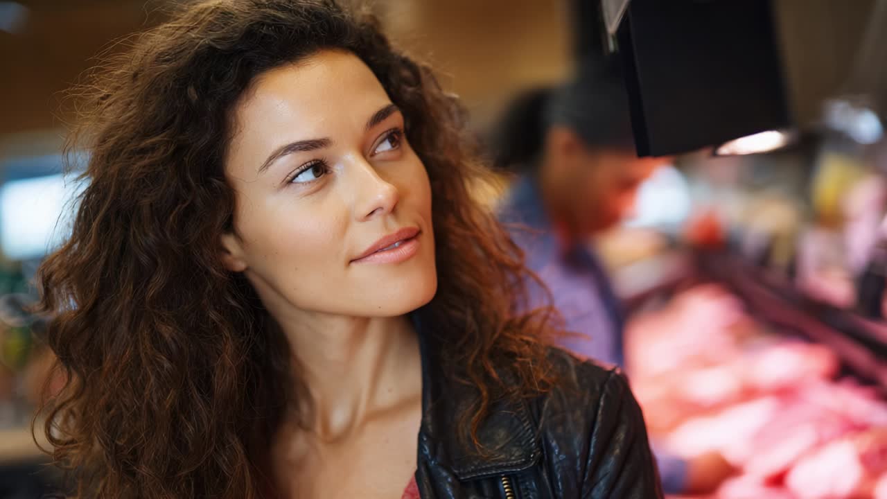 Uma mulher reflexiva em um mercado: capturando momentos de reflexão e tomada de decisões enquanto compra frutas, verduras e carnes frescas de qualidade, trazendo um toque pessoal às escolhas do dia a dia