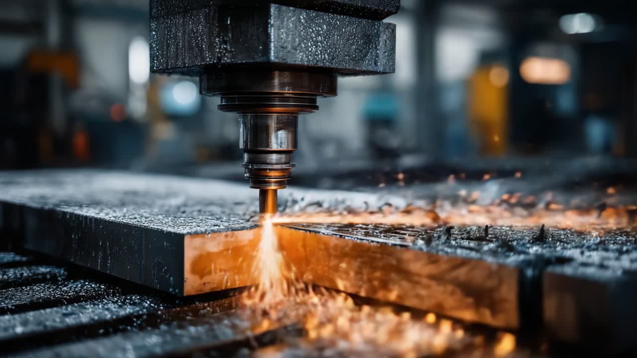 Dimostrazione di lavorazione di precisione: affascinanti scintille si sprigionano mentre una macchina CNC ad alta velocità esegue il taglio del metallo, mostrando l'arte della produzione industriale in azione