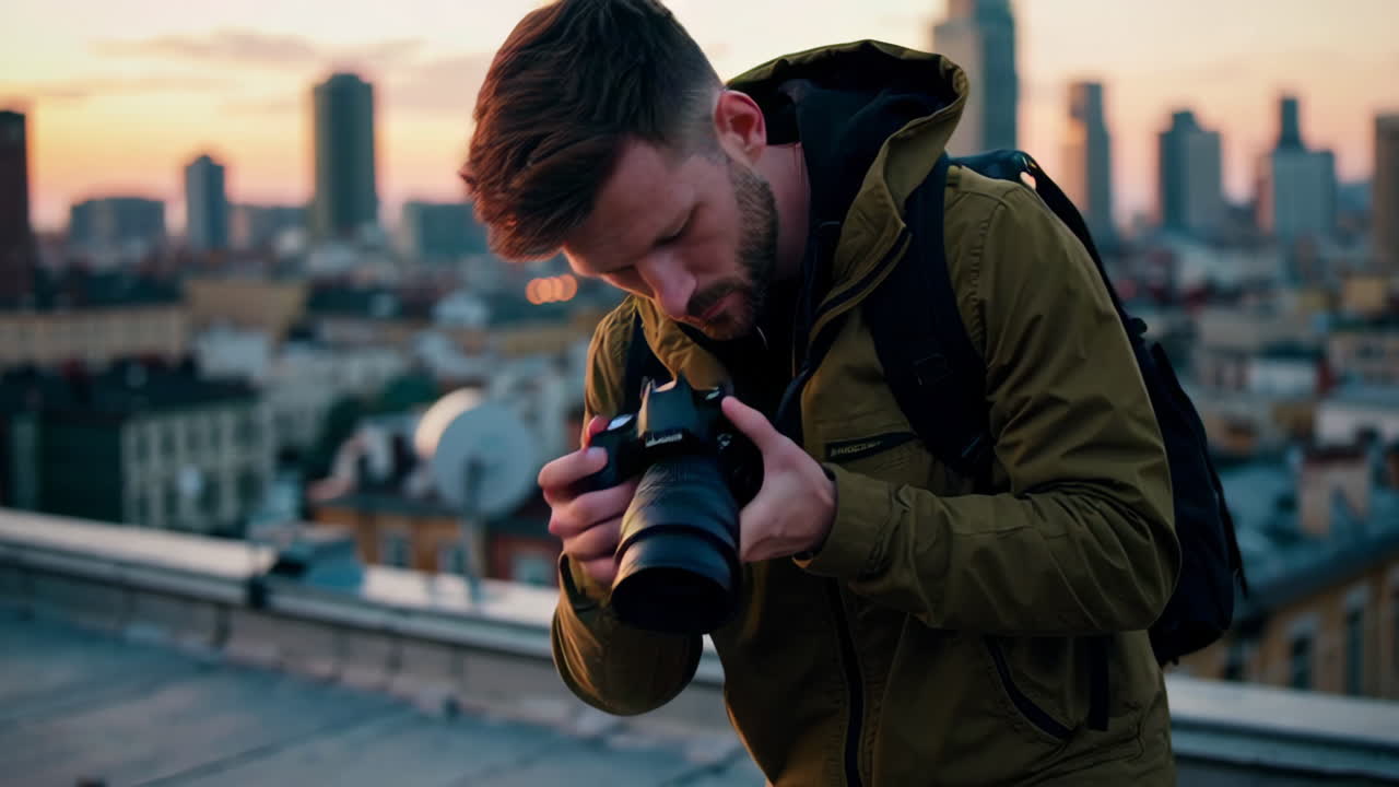 Photographer taking photos on a rooftop at sunset