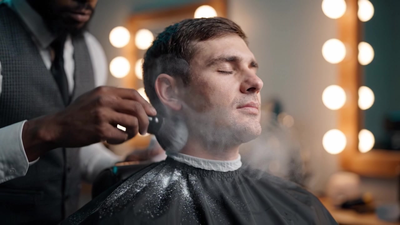 Sessão de Corte de Cabelo Profissional: Processo de Cuidado e Estilização em uma Barbearia Moderna Apresentando Barbeiro Atencioso e Experiência Relaxante para o Cliente Sob Luzes Brilhantes