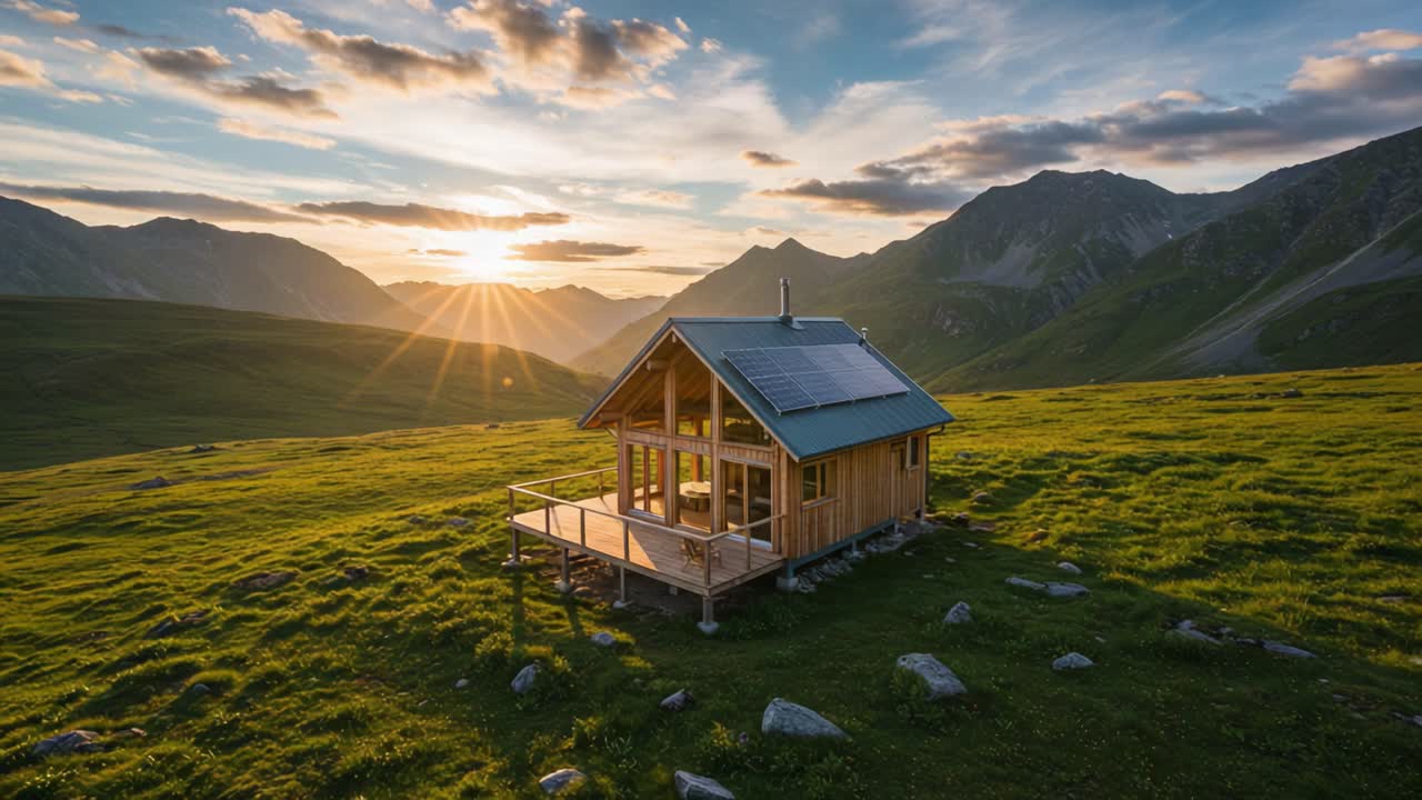 Fredelig fjellhytte: En pittoresk, miljøvennlig hytte med solcellepaneler, omgitt av bølgende grønne åser og majestetiske topper ved solnedgang.