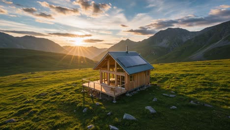 serene mountain retreat: a picturesque eco-friendly cabin with solar panels surrounded by rolling green hills and majestic peaks at sunset