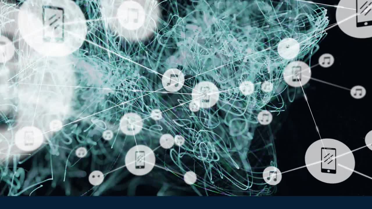 빛나는 초록색 빛 트레일 위의 아이콘으로 연결 네트워크의 애니메이션