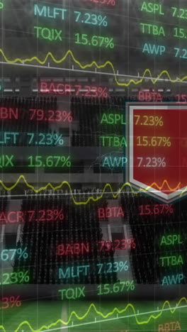 animación de los emblemas de los equipos y procesamiento de datos en la interfaz, sobre el estadio deportivo