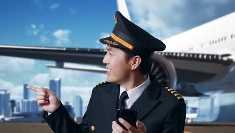 close up of asian man pilot using smartphone and pointing to side while standing in airfield with airplane on background