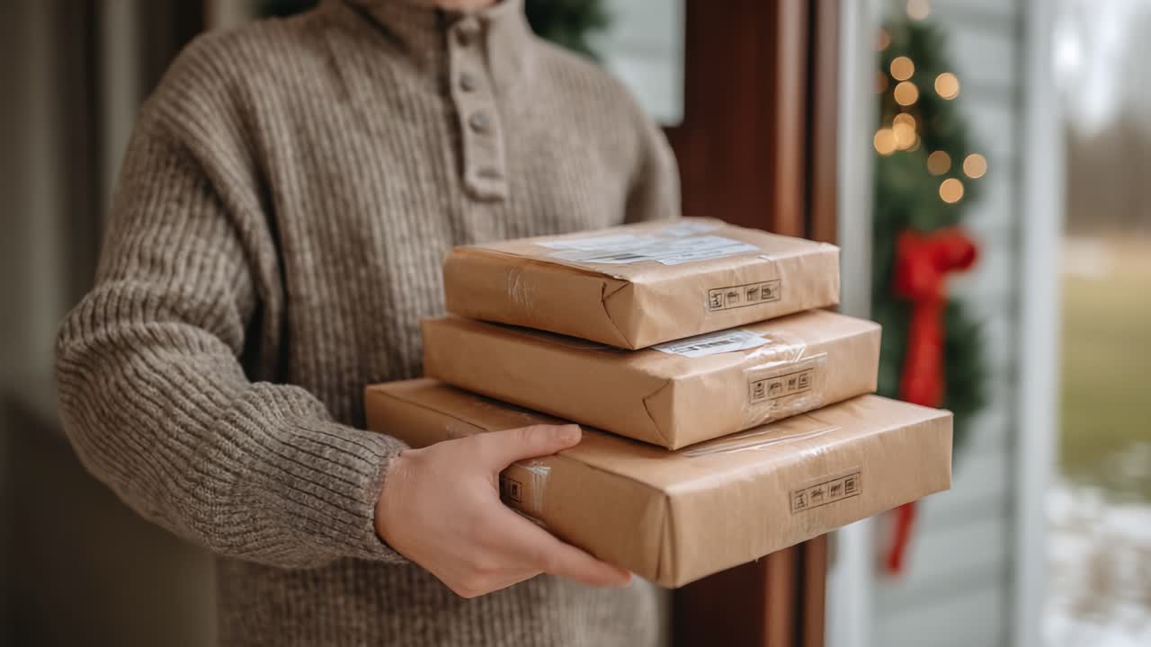 A Person Receiving and Holding Three Brown Packages at the Doorstep During a Festive Season, Highlighting the Joy of Deliveries and Personal Connections