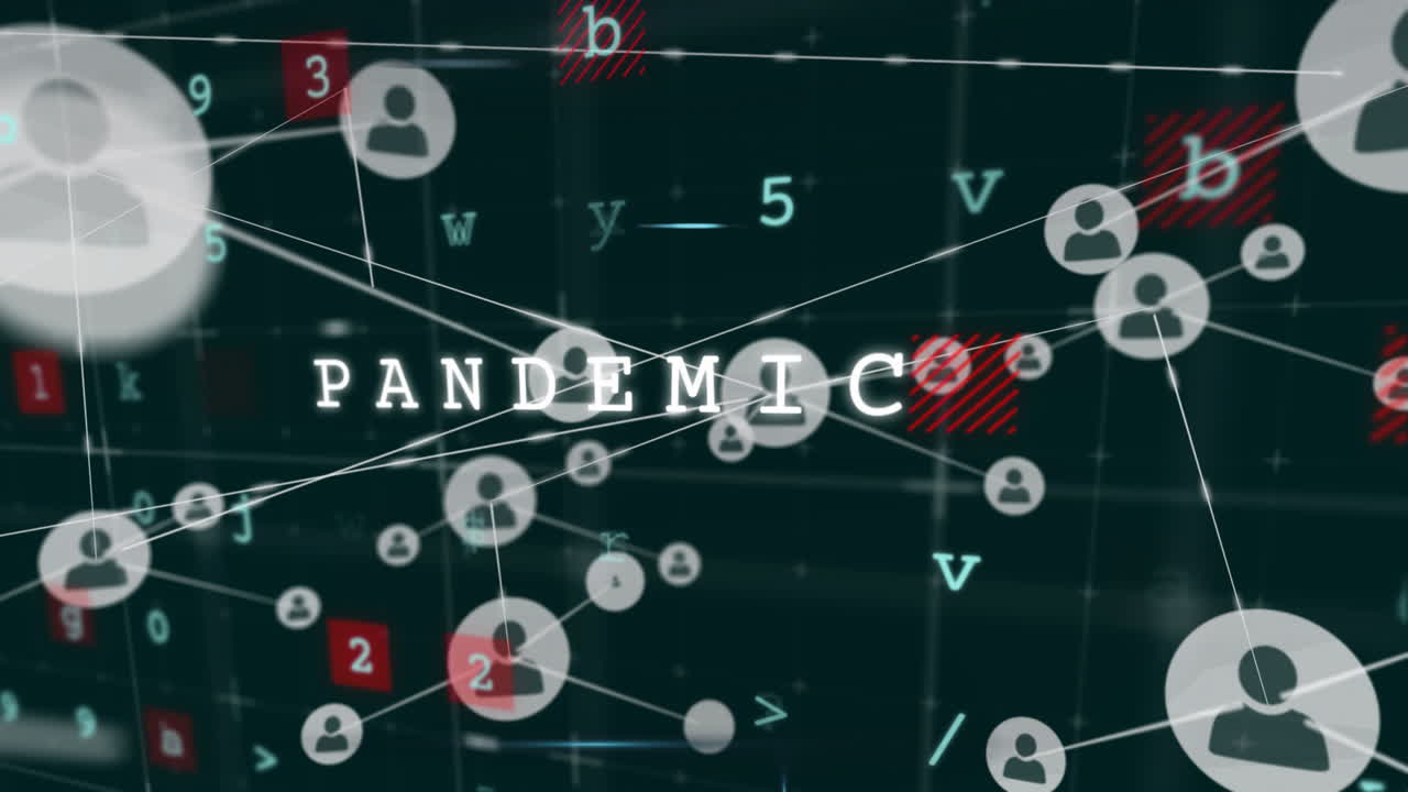 Animation of pandemic text and network of connections on black background