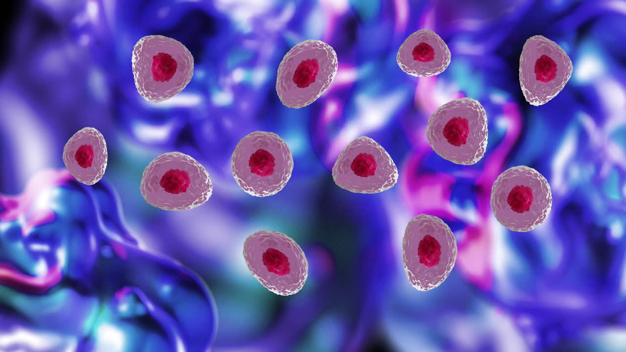 animación de micro de células rojas y rosadas sobre fondo rosado y azul