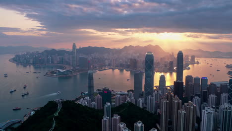 panoramic sunset view of hong kong skyline and victoria harbour