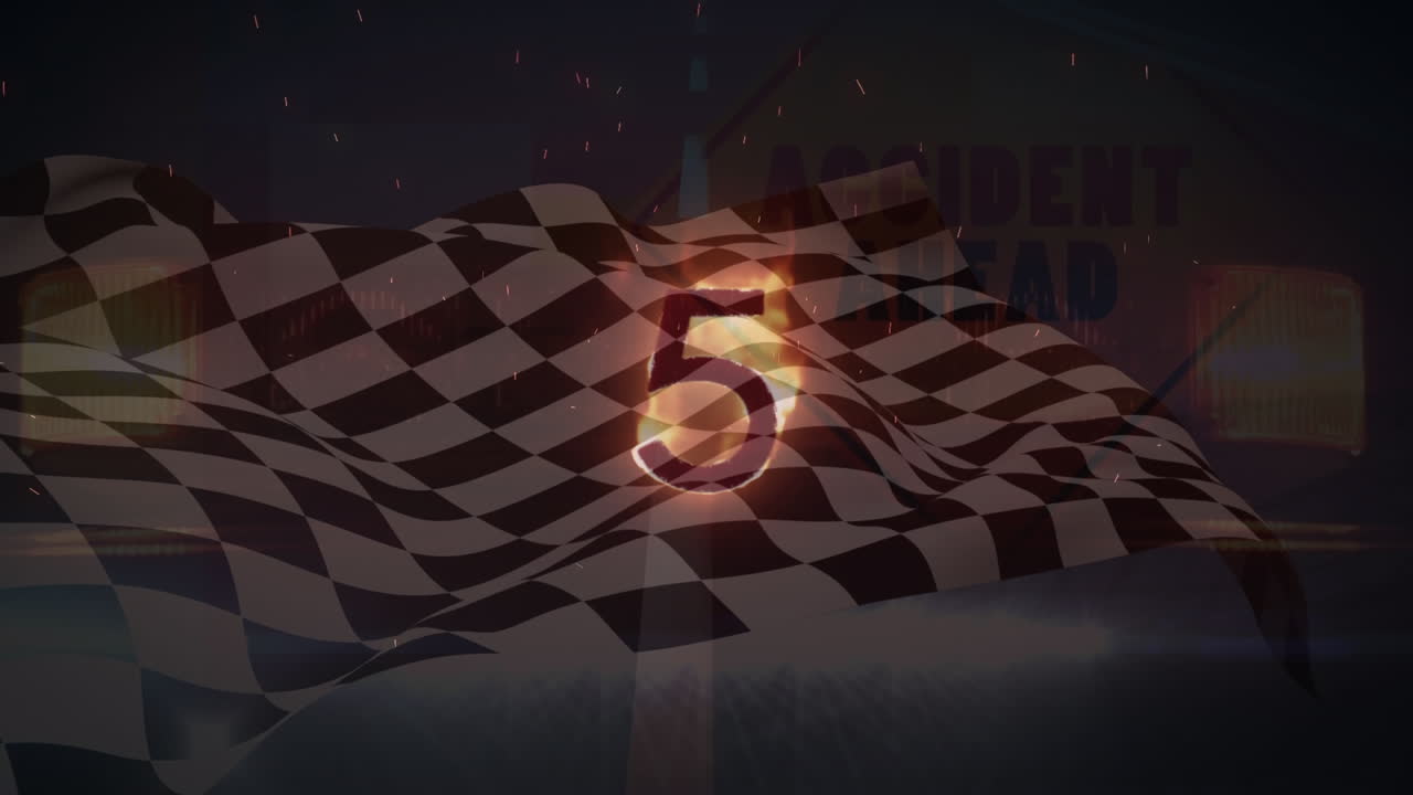 Animation einer glühenden brennenden Zahl Fünf über einer wehenden schwarz-weißen Rennflagge