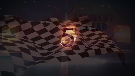 animation of glowing burning number five over waving black and white racing flag