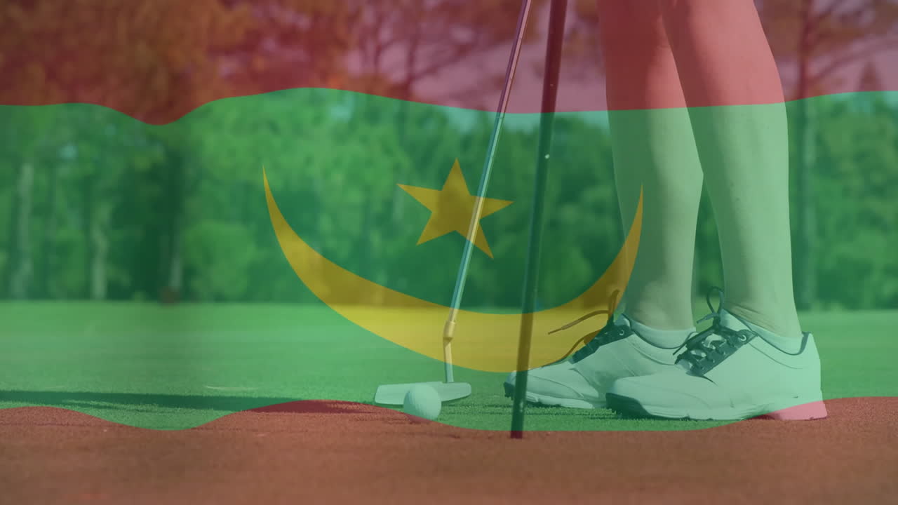 Golf putting scene being animated in flat design, showing golf ball, putter and shoes