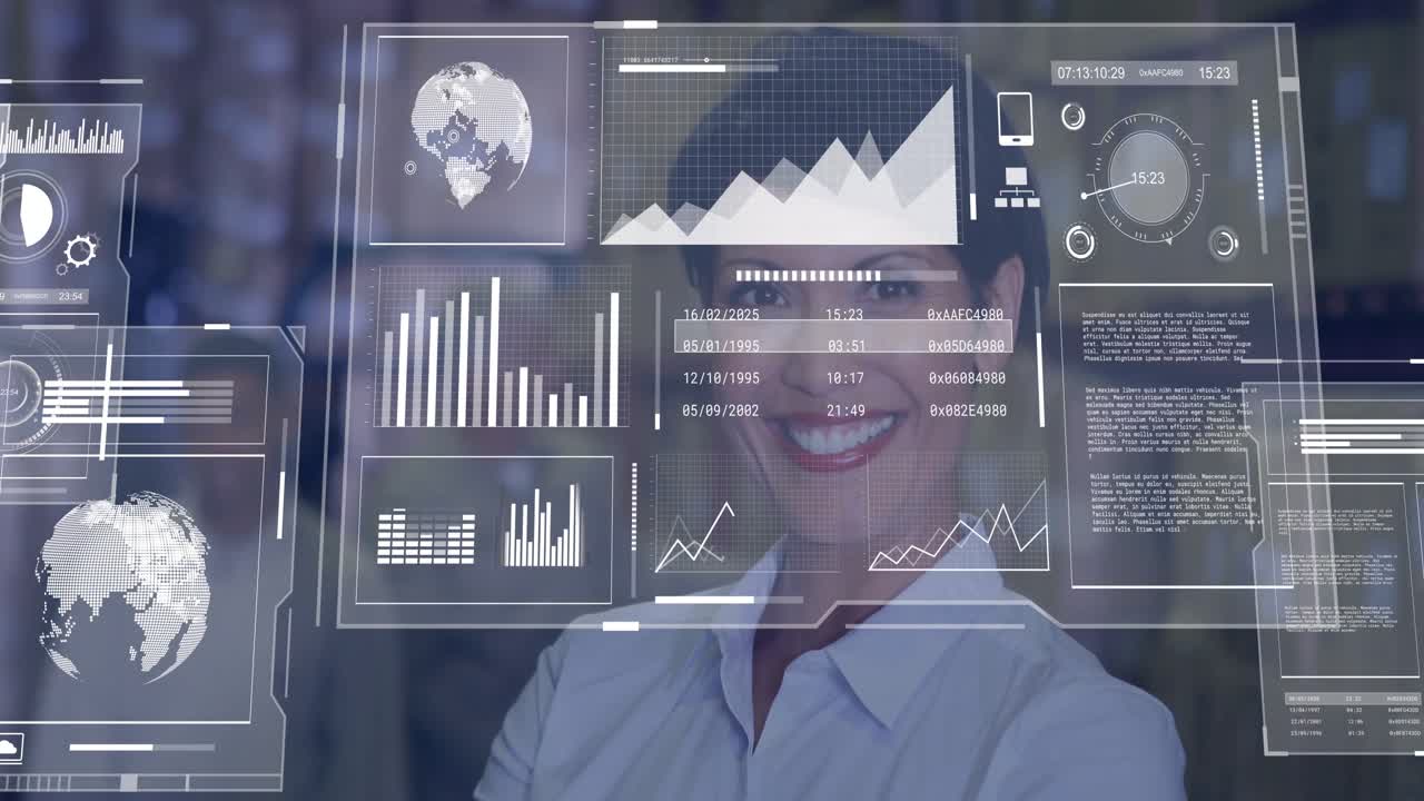 Manager woman typing on laptop in warehouse and loading holographic dashboards for inventory review
