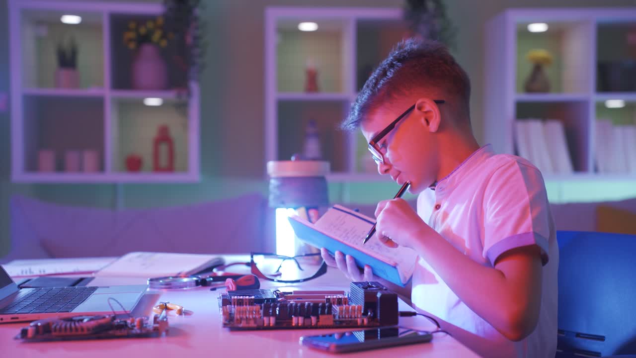 маленький мальчик изучает электронику, ремонтирует компьютерные детали.