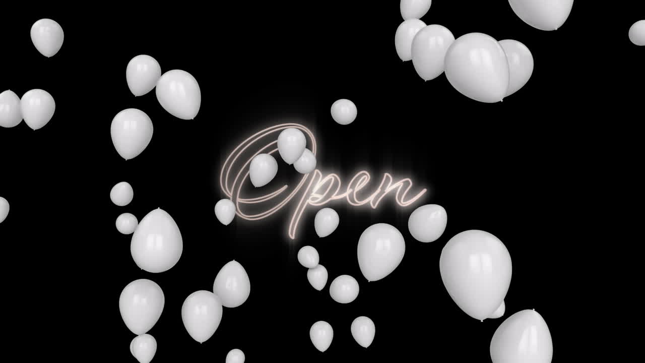 Multiple white balloons floating over neon open text signboard against black background