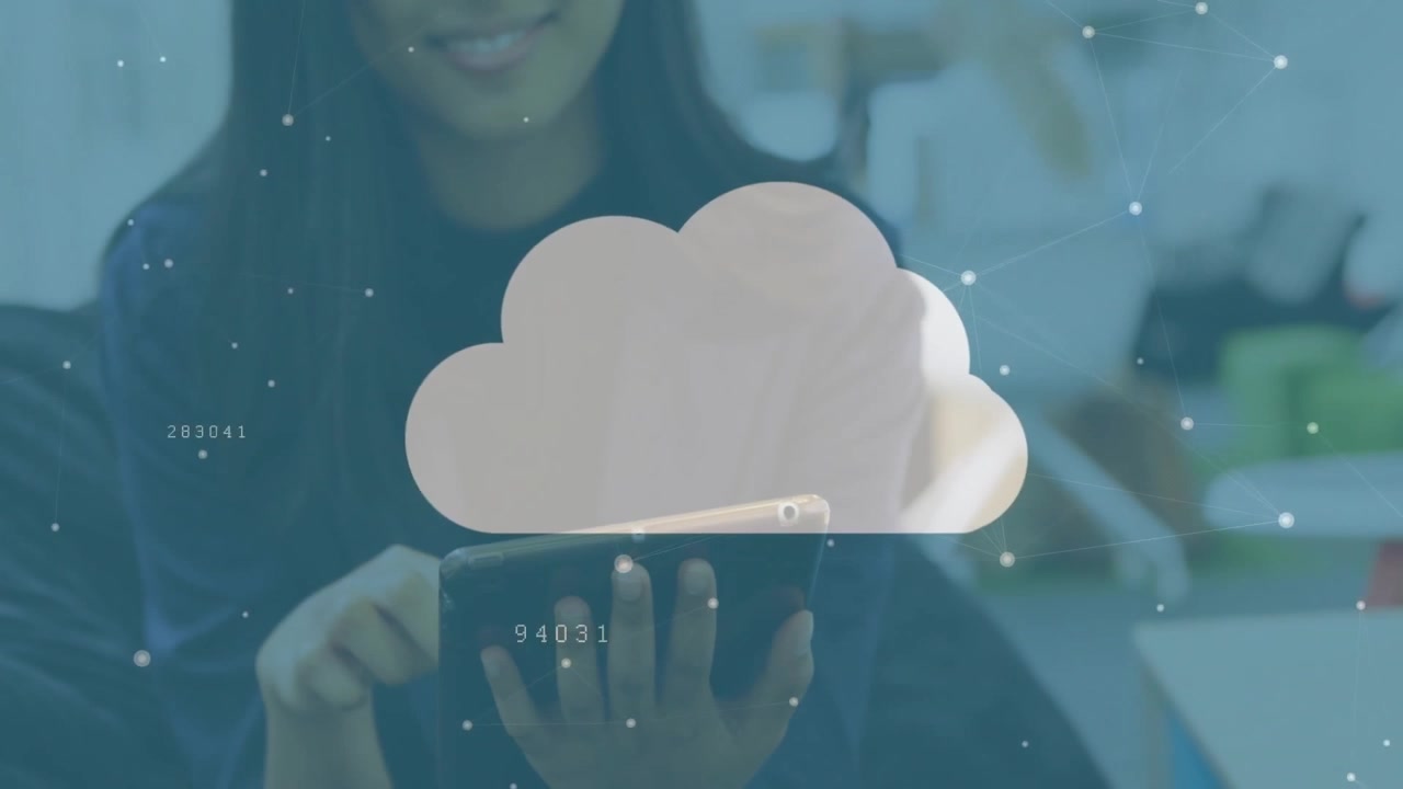Woman holding smartphone in office showcasing mosaic cloud tech with network nodes and data labels