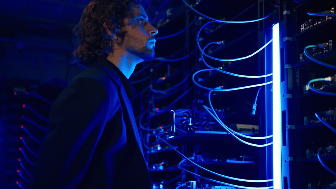 Man analysing servers in a data center