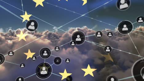 animation of network of connections of icons with people over european union flag and clouds