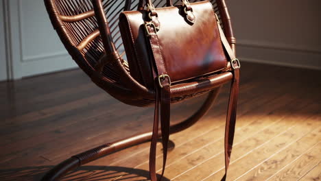 brown leather satchel hanging on a wicker rocking chair