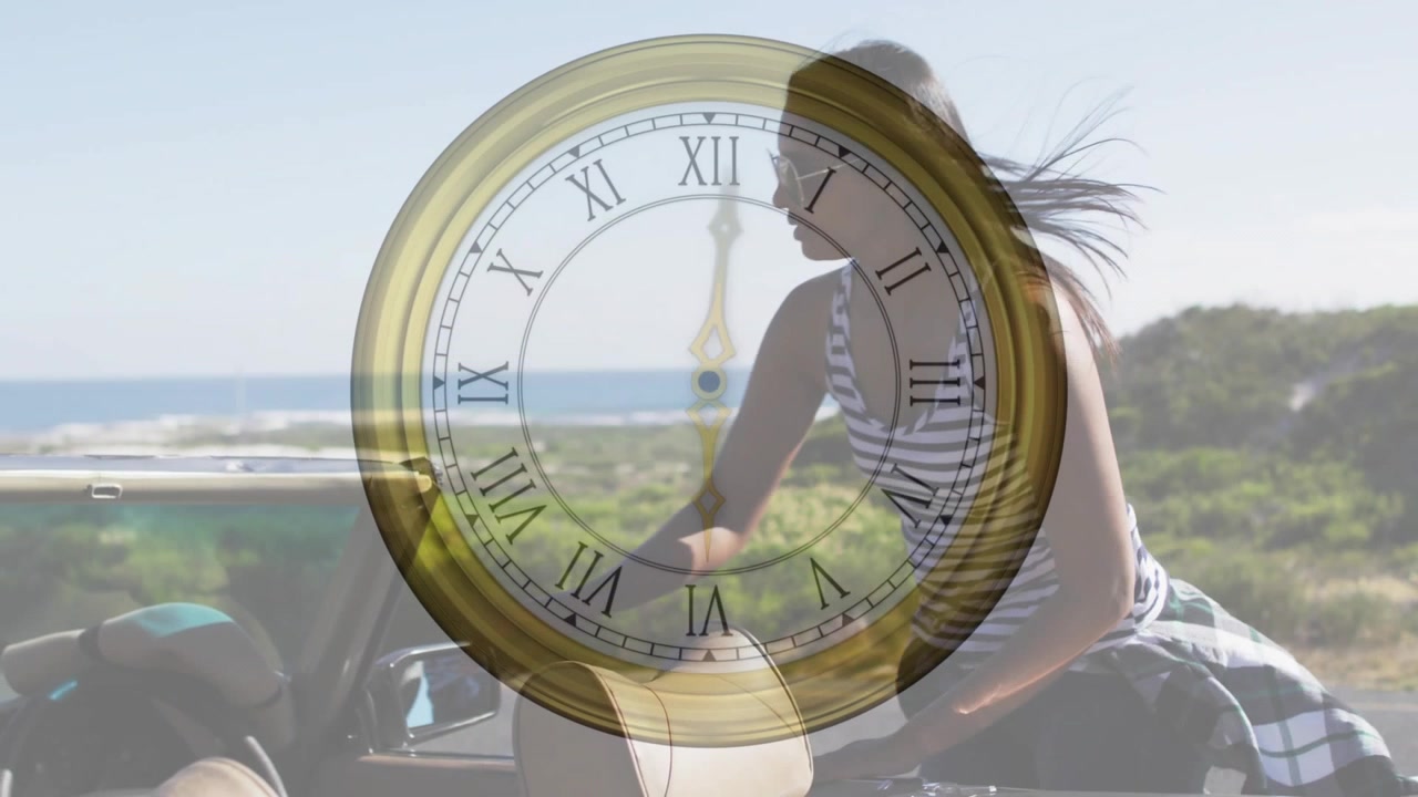 Woman turning from sea, bracing into convertible seat, antique clock overlay tracking travel time