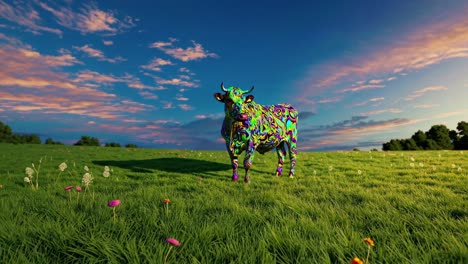 Colorful psychedelic bull standing majestically in a lush green field adorned with wildflowers, basking in the warm glow of a stunning sunset, creating a surreal and artistic landscape