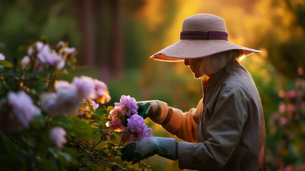 A Gardener Tending to Elegant Roses During Golden Hour, Capturing the Beauty of Nature and the Joy of Planting in a Peaceful Outdoor Setting, Embracing the Art of Gardening and Floral Arrangement