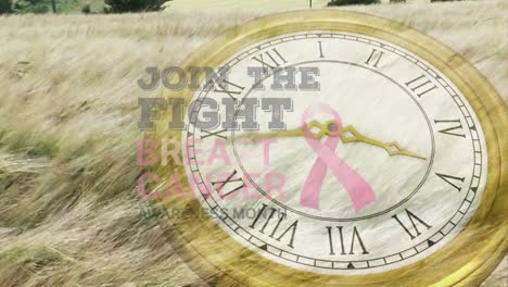 animation of join the fight breast cancer text with pink ribbon over field and clock ticking