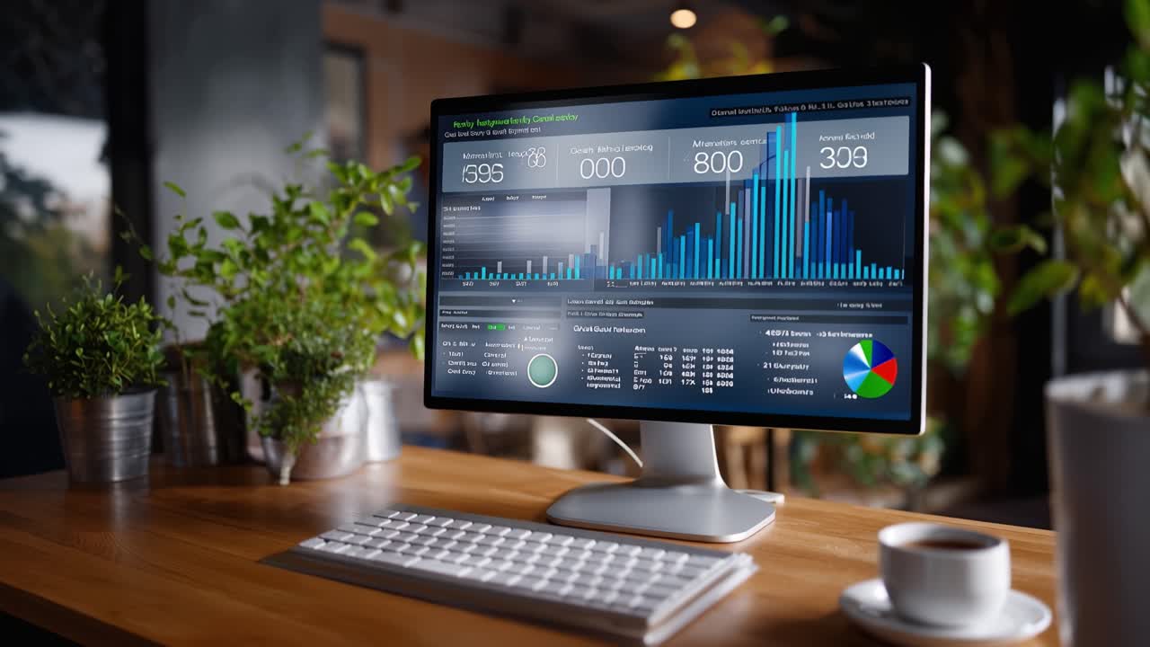 Analyzing Data Trends and Performance Metrics on a Modern Computer Display in a Cozy Workspace with Greenery and a Cup of Coffee
