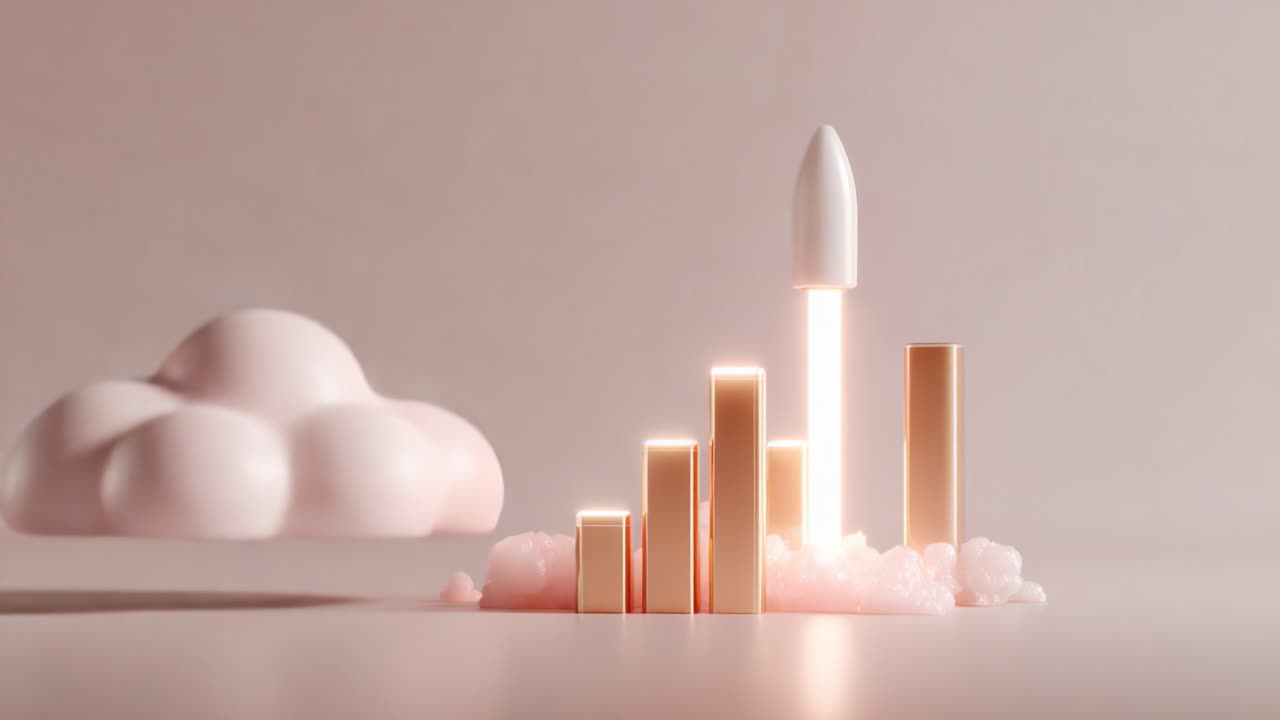 A conceptual visual representation showcasing the journey of success, with a rocket launch symbolizing growth alongside ascending golden bars that signify achievement and progress