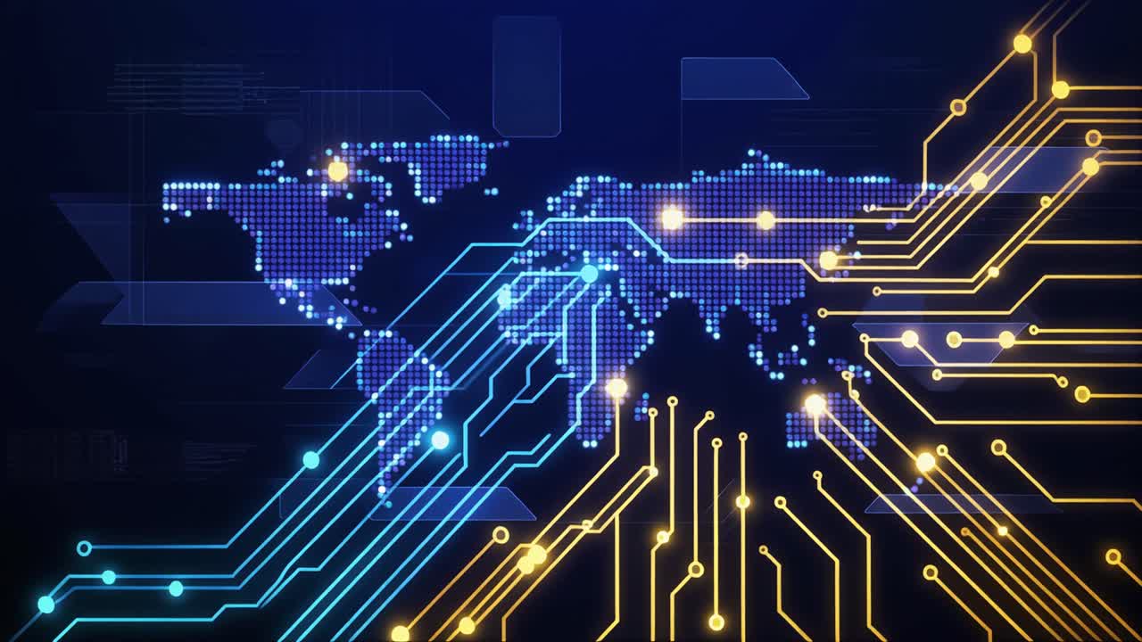 Digital World Map with Animated Circuit Board Connections