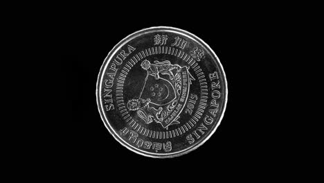 Singapore 50 cent 2015 obverse with national coat of arms and multilingual text, macro loop on black background