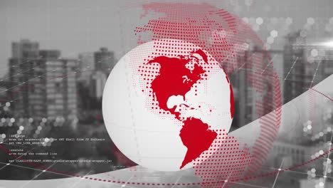 animación del globo y procesamiento de datos sobre el paisaje urbano