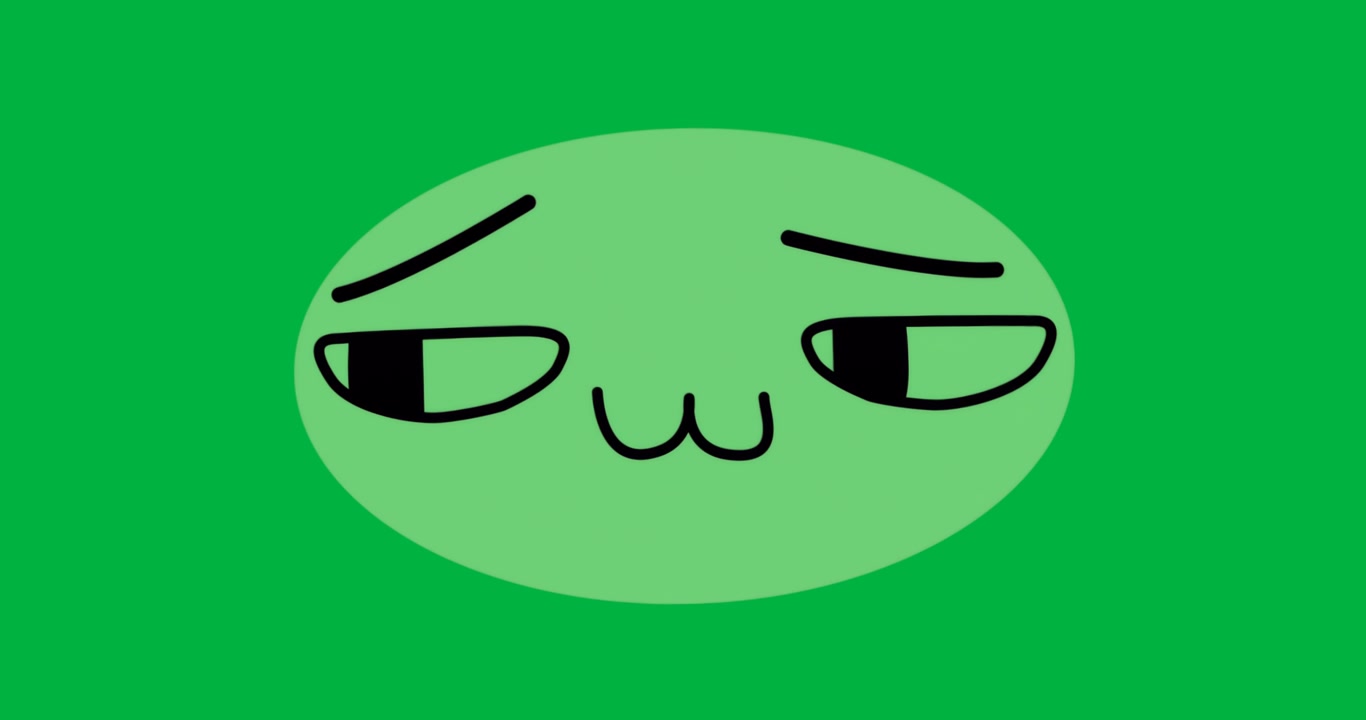 Graphic designers placing green oval emoticon on transparent background, with expression overlay